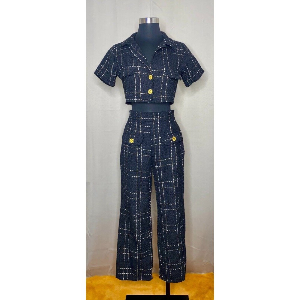 Womens Small Black Tweed Co-Ord Set Crop Top High Waist Pants Wide Leg